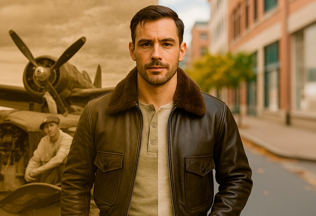 Modern man in shearling-lined flight jacket standing where WWII airmen once worked, showing aviation heritage