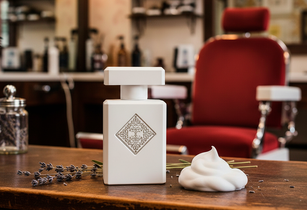 Initio Rehab – White bottle with lavender sprigs and shaving foam.