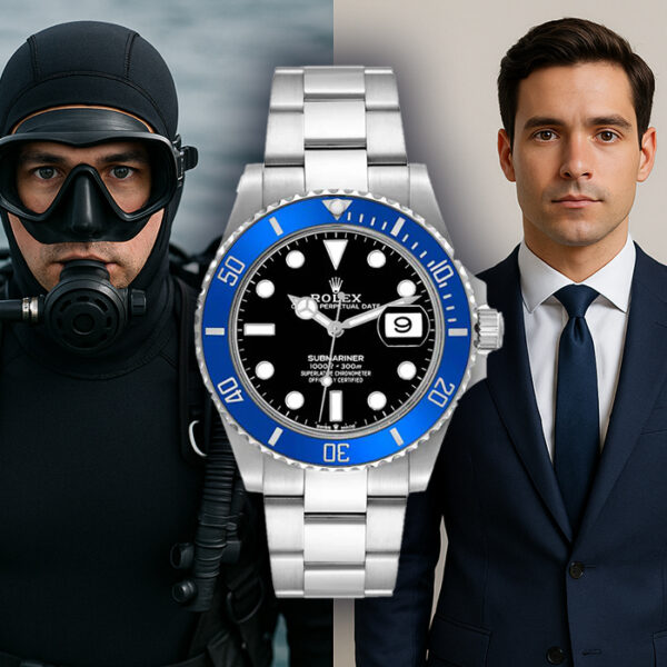 Rolex Submariner showcased between a professional diver and a businessman, symbolizing the watch’s versatility from underwater performance to refined elegance