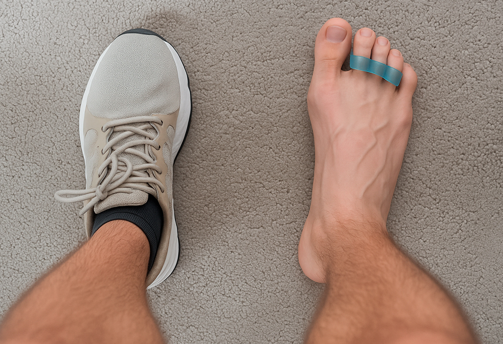 Top-down view of one foot in a sneaker and the other in a toe spacer
