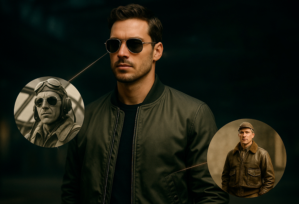 Modern man in bomber jacket with overlays showing WWII pilot and mechanic, tracing style back to war zones