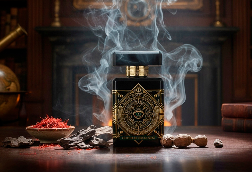 Black bottle with smoke, saffron, and oud wood.