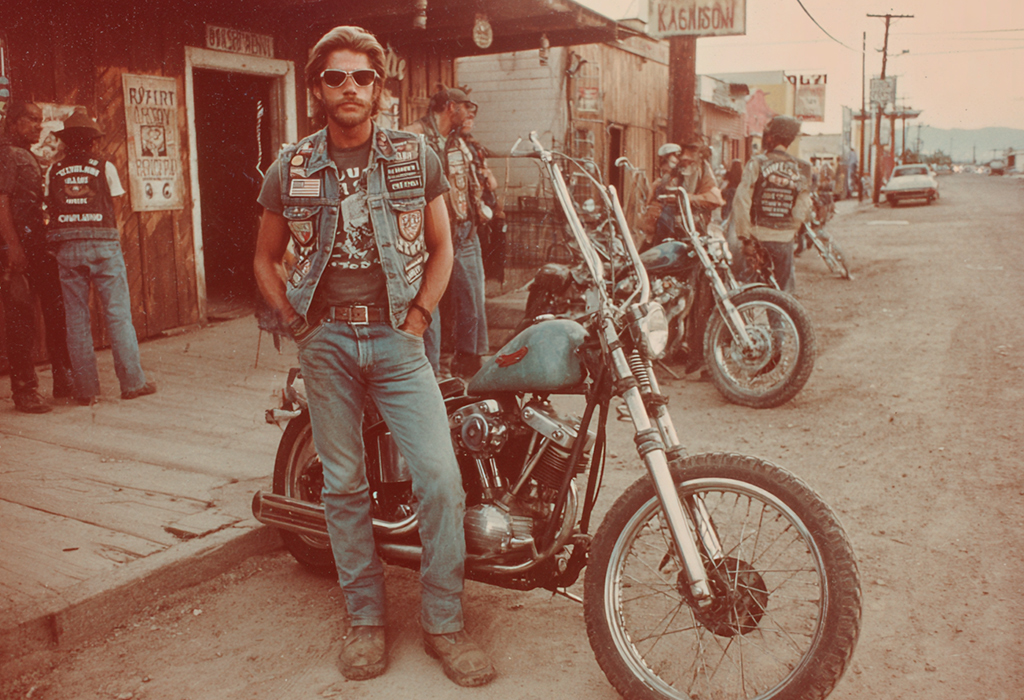 Biker wearing patched vest standing beside motorcycle