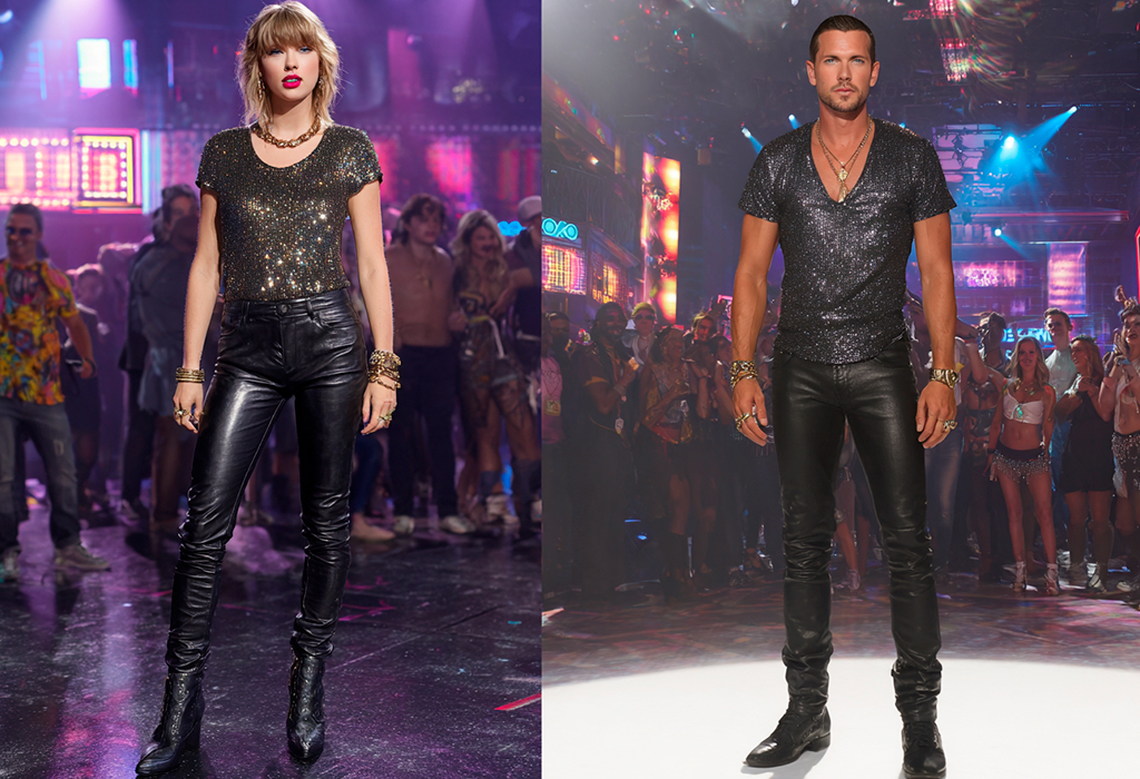 Taylor Swift sparkles in sequins and leather; the man mirrors her look in a glitter shirt and black pants.