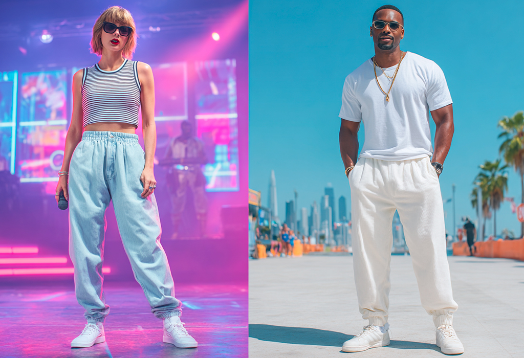 Taylor Swift goes retro in a striped crop top and joggers; the man keeps it fresh in white basics.