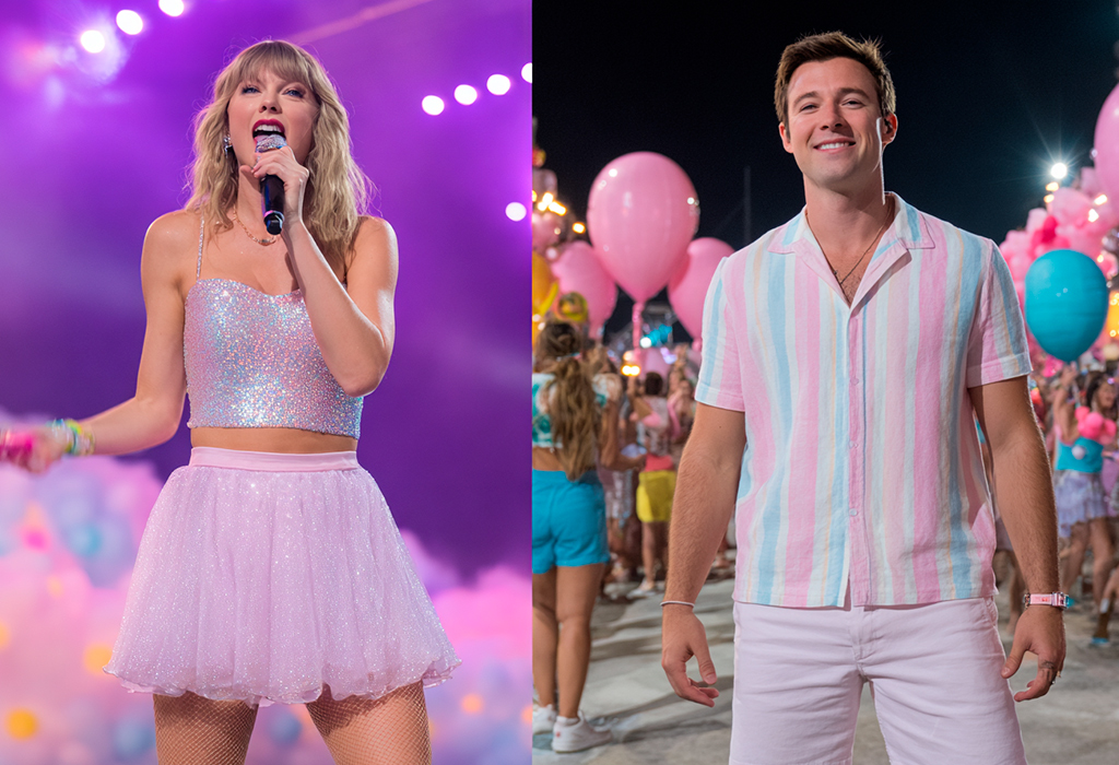 Taylor Swift shines in a sparkly pink set; the man wears pastel stripes and white shorts.