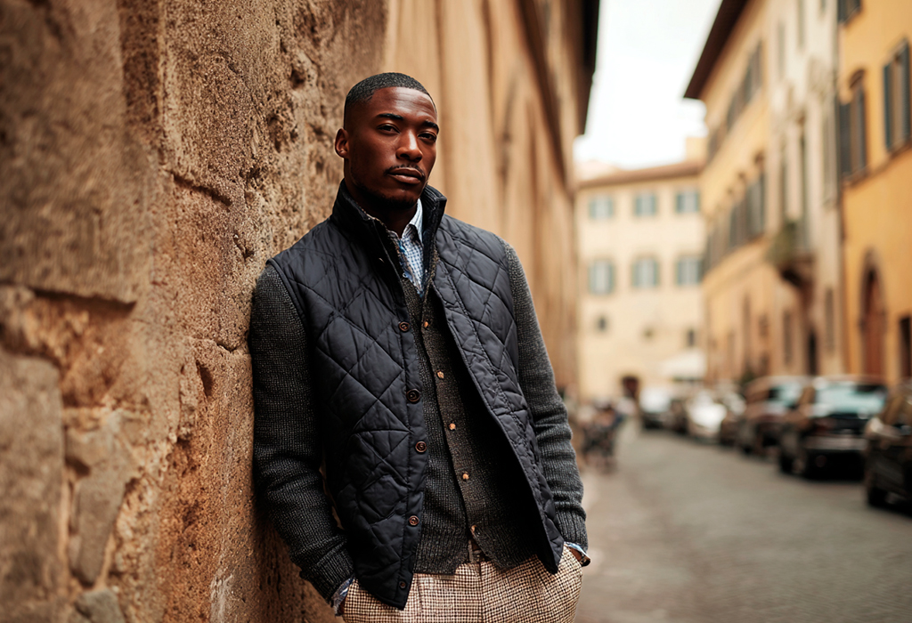 Navy quilted vest, layered grey cardigan, checked trousers