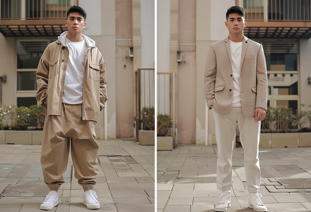 Side-by-side modern oversized and fitted outfits