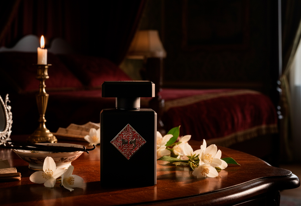 Initio Absolute Aphrodisiac – Black bottle with candlelight, jasmine flowers, and wood.