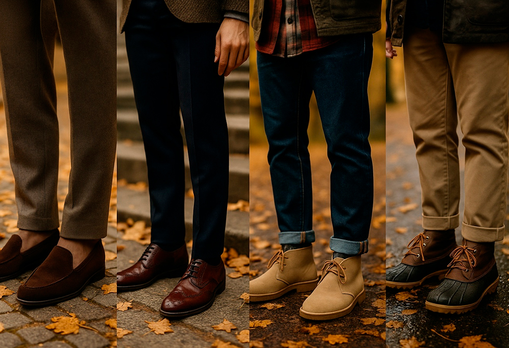 Four pairs of men’s fall shoes on leaves