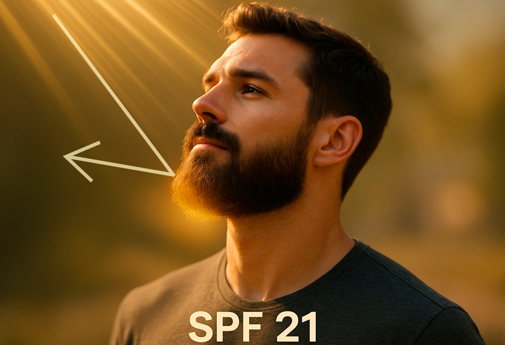 Bearded man deflecting sunlight with natural SPF protection.