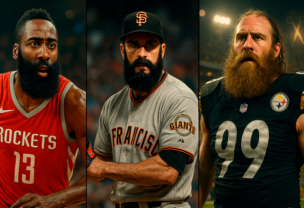 Famous athletes with iconic beards in basketball, baseball, football.