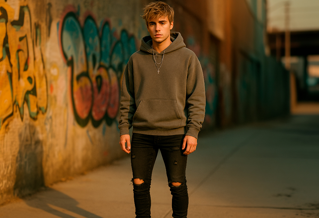 Justin Bieber in super-skinny ripped black jeans streetwear look