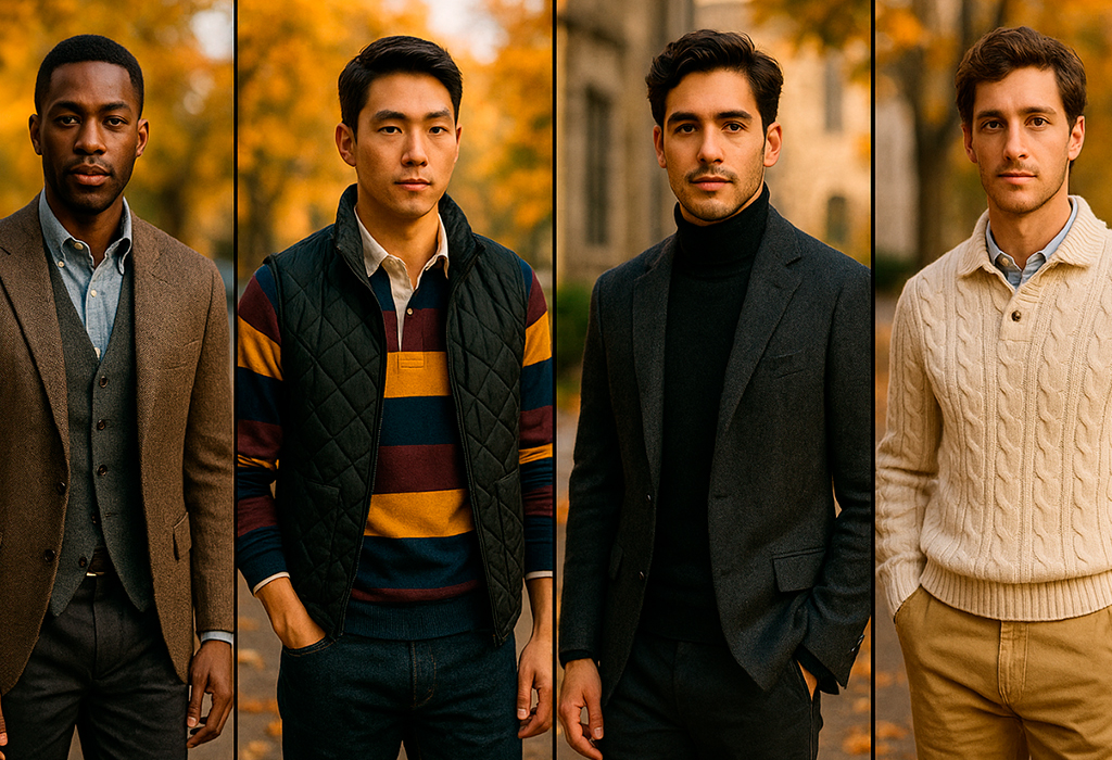 Four men in diverse fall preppy outfits outdoors