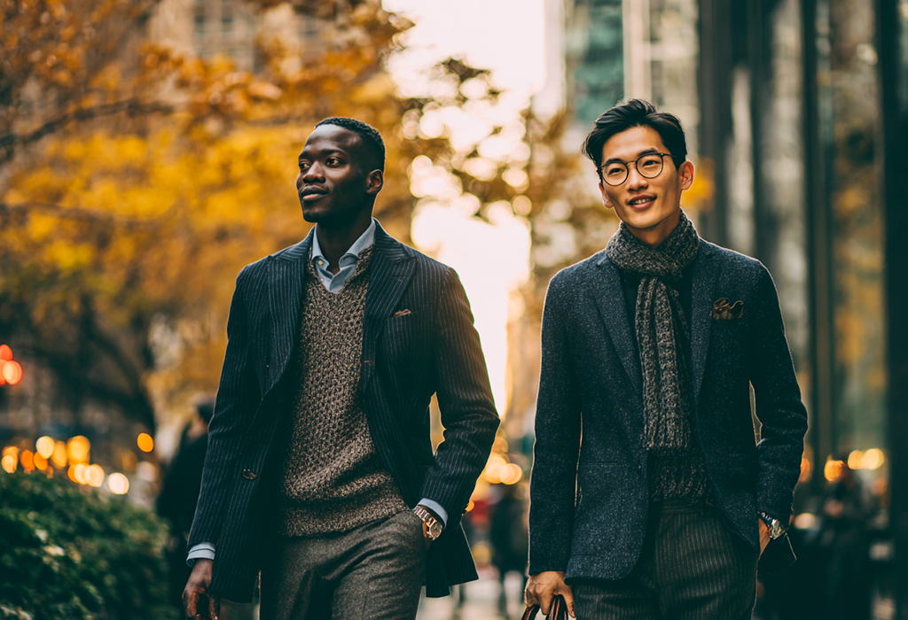Two stylish men in fall blazers, walking city