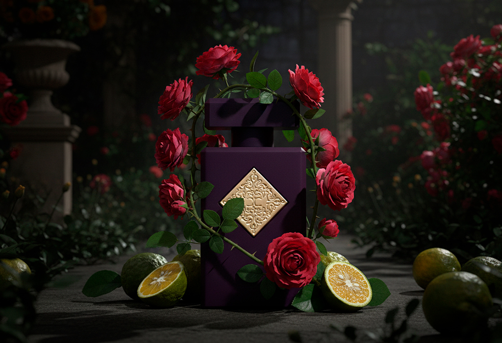Initio Psychedelic Love – Purple bottle surrounded by roses, citrus, and petals.
