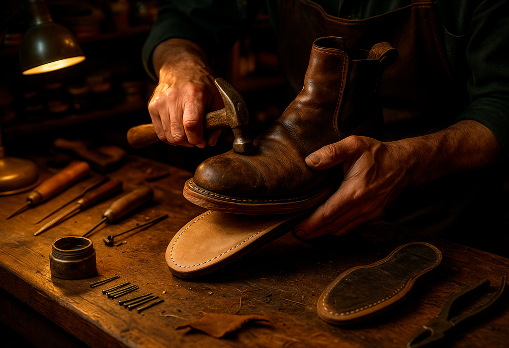 Craftsman repairing and resoling leather boots by hand