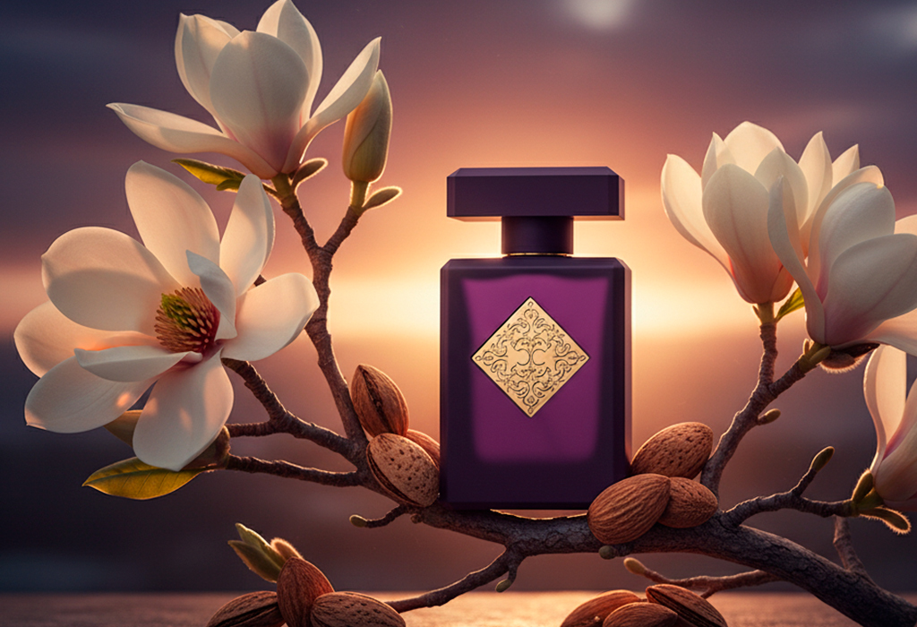 Initio High Frequency – Purple bottle with magnolia blossoms and almonds.