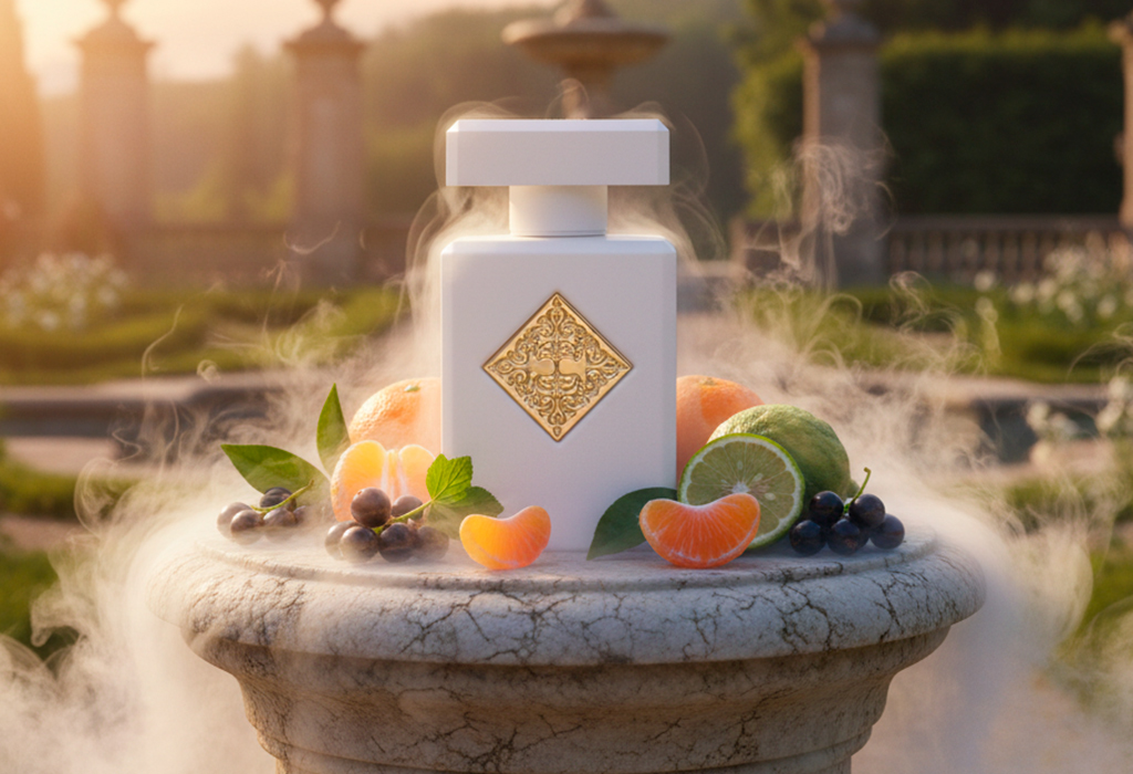 Initio Musk Therapy – White bottle with citrus fruits and blackcurrants.