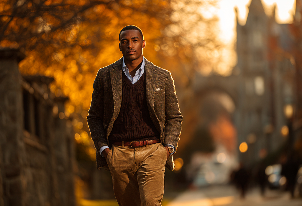 Black man in tweed blazer, corduroy trousers, autumn