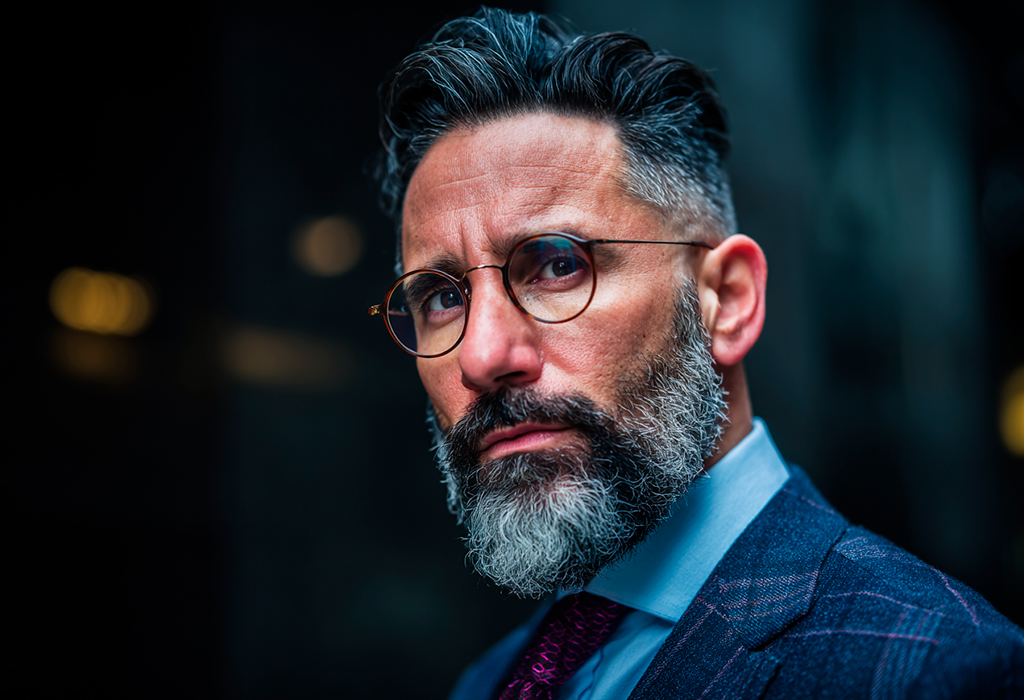 Distinguished gray-bearded man in glasses and tailored business suit.