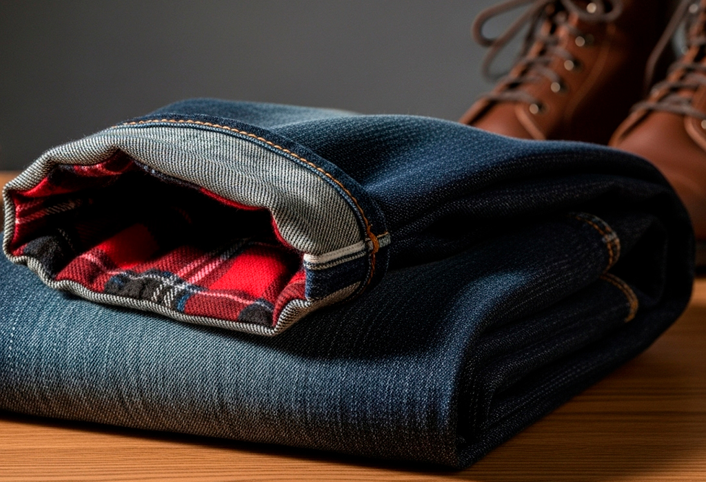 Folded jeans with warm plaid flannel lining visible
