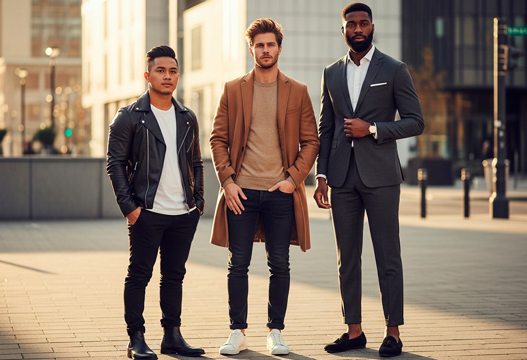 A group of three men with different heights and outfits, each showcasing the best styles for their respective body types.