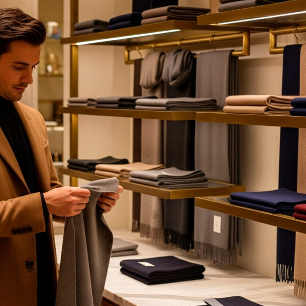 Man selecting a scarf from an elegant store display