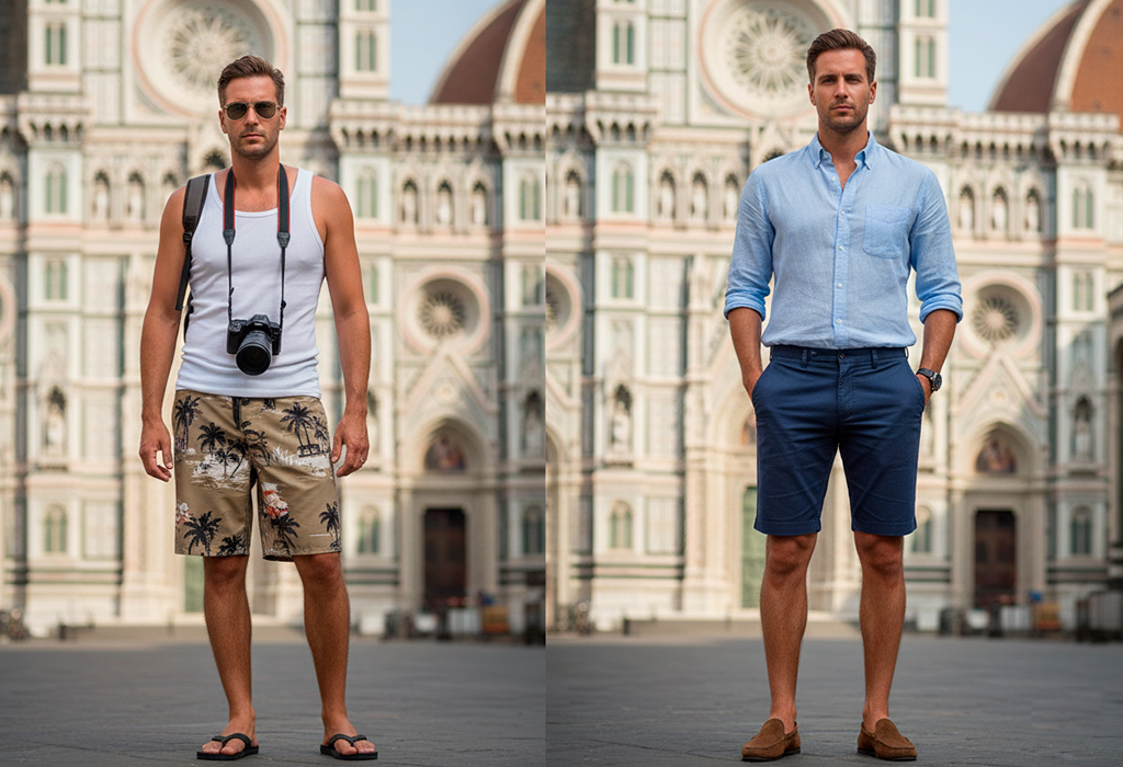 Two men in front of a historic European cathedral โ left in a white tank top, tropical shorts, and flip-flops with a camera around his neck, right in a light blue button-down shirt and tailored shorts with loafers, blending in more elegantly.