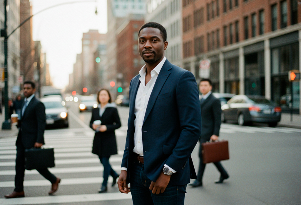 Sharp-dressed man in navy suit standing confidently in busy city street