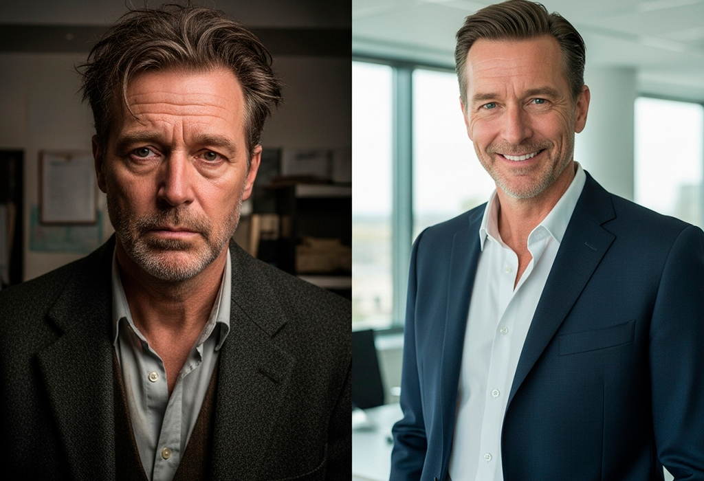 Before and after transformation of older man from unkempt to sharply dressed