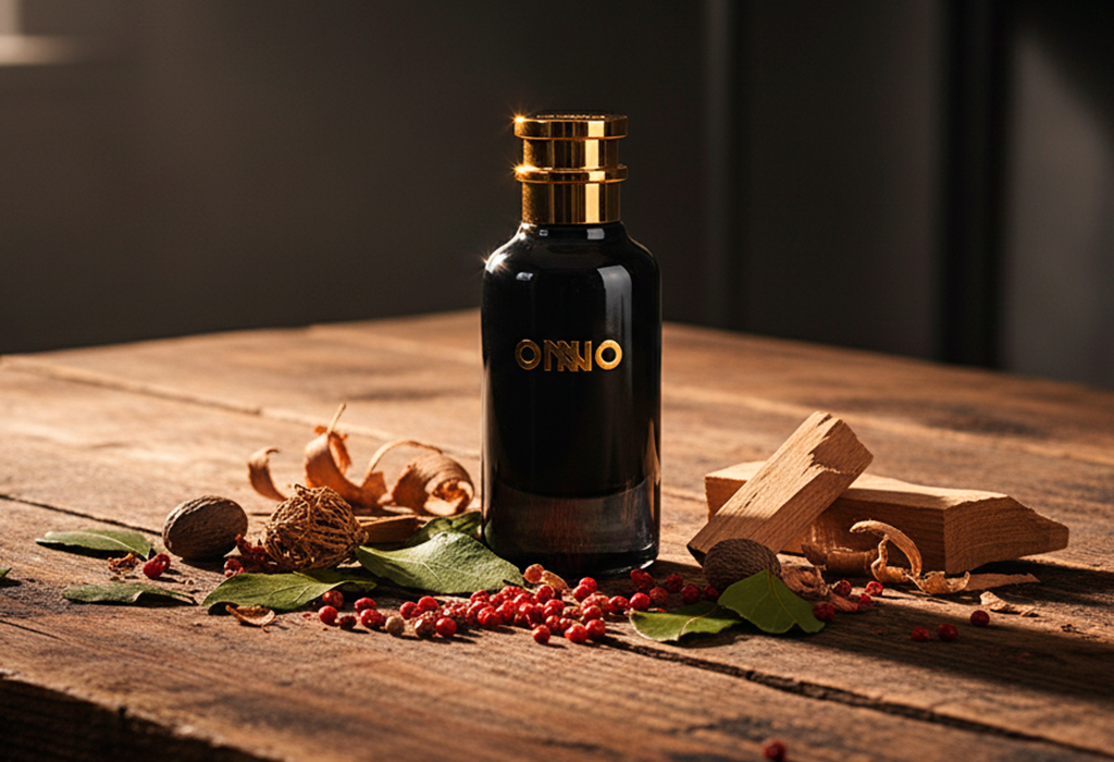ONNO Spicy Sandal ONNO bottle on rustic table with pepper and sandalwood.