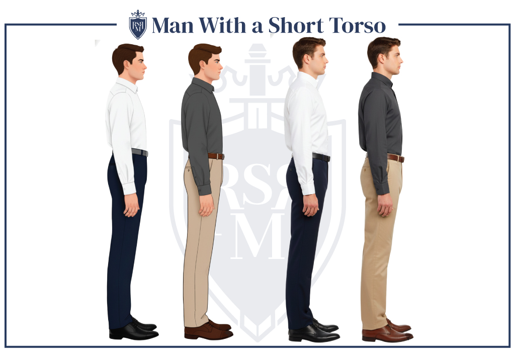 Comparison diagram of men with short torsos demonstrating balanced proportions