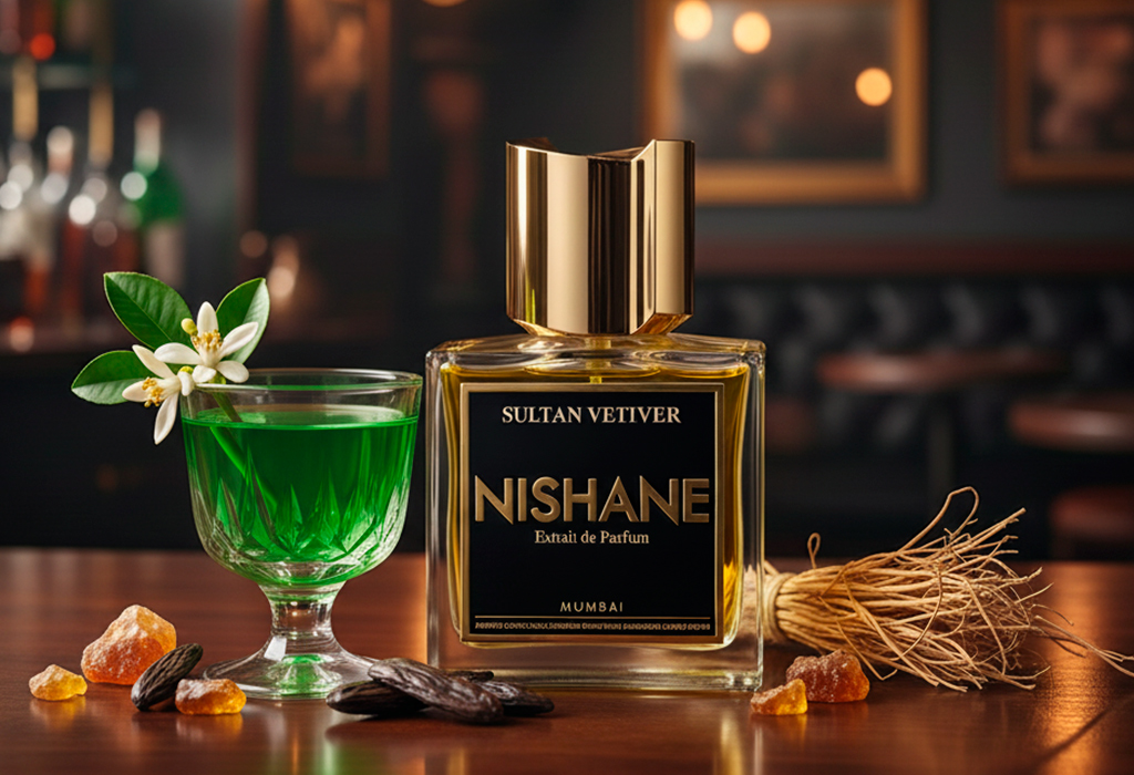 Nishane Sultan Vetiver beside green drink, vetiver roots, and amber