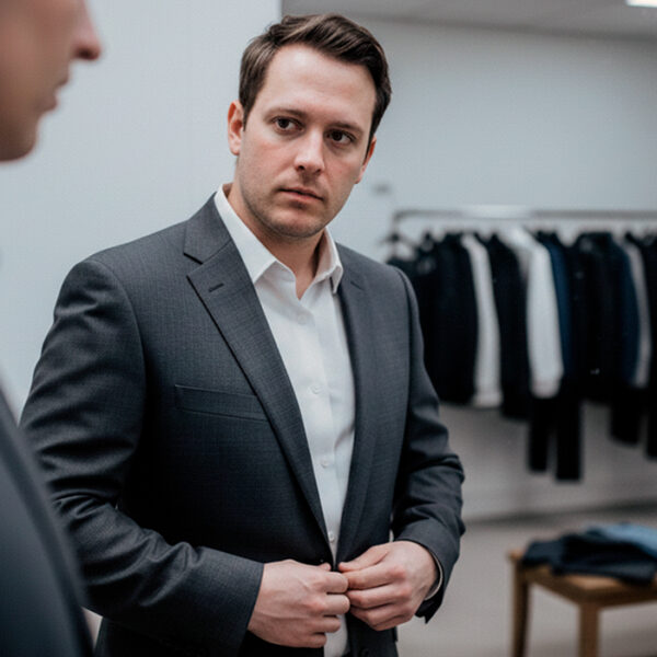 Broad-shouldered man in a fitted suit looking in the mirror during a fitting, adjusting jacket for ideal taper