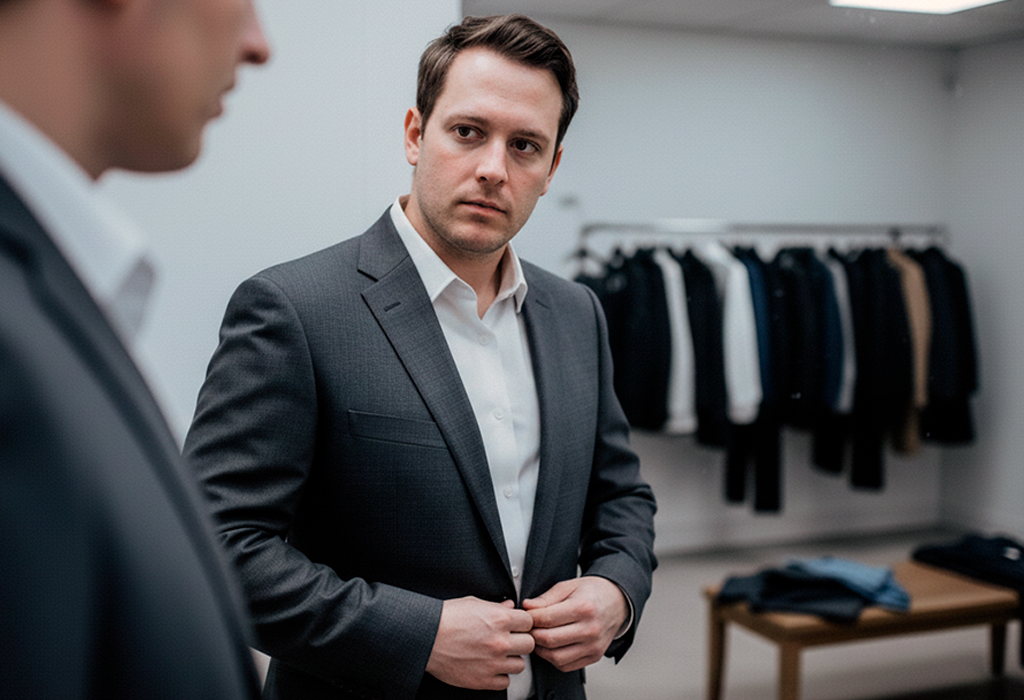 Broad-shouldered man in a fitted suit looking in the mirror during a fitting, adjusting jacket for ideal taper