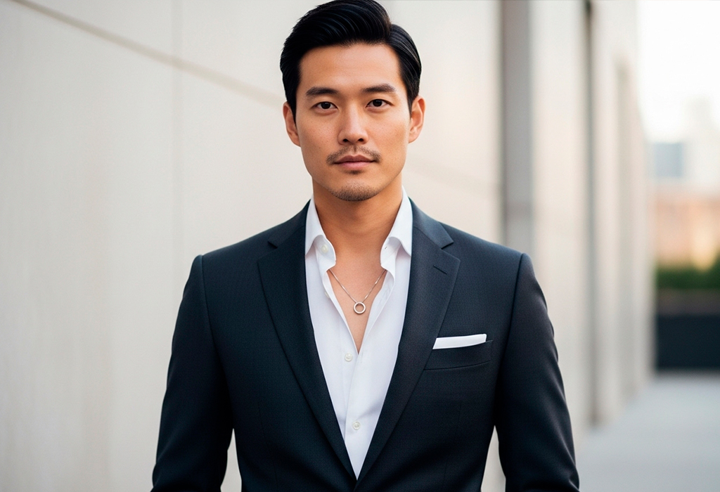 Man in black suit with open collar and necklace.