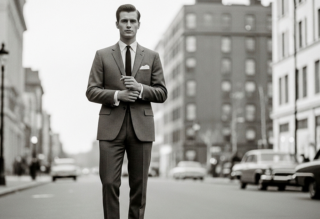 Stylish man in tailored suit walking confidently down the street.