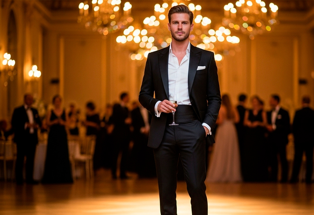 Man at black-tie event wearing tuxedo without tie.