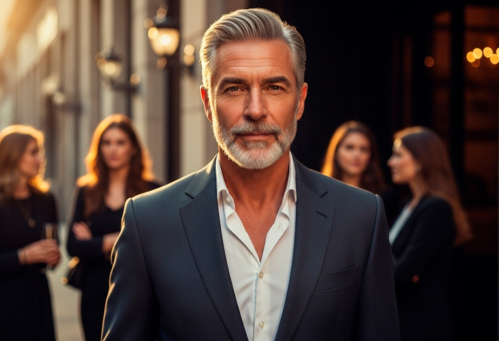 Handsome older man in suit commanding attention from women around him