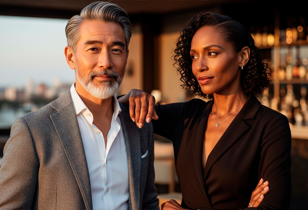 Stylish woman admiring confident older man in suit at sunset lounge