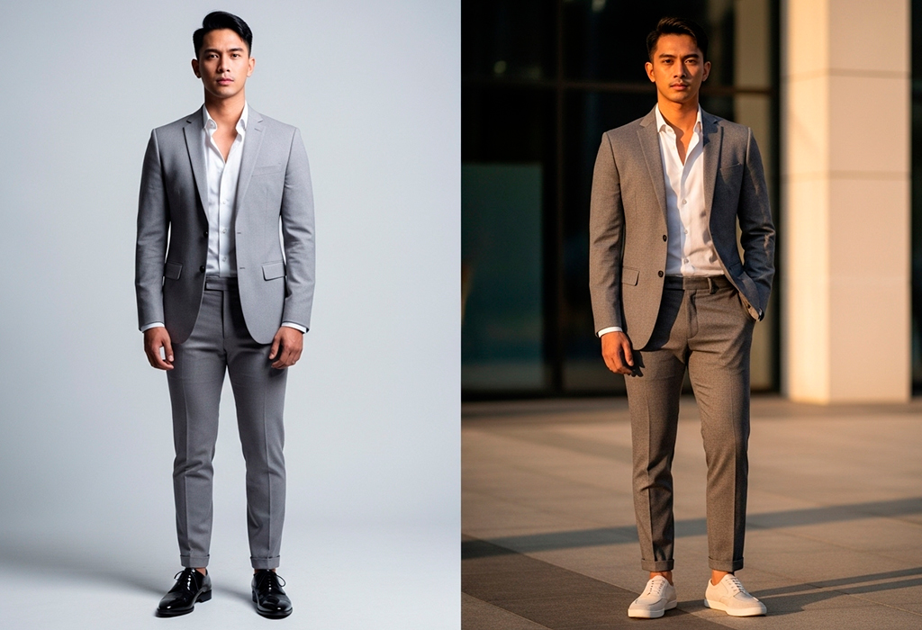 Gray suit styled formally with dress shoes and sneakers.