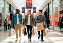 3 men walking shopping mall enjoying black Friday deals