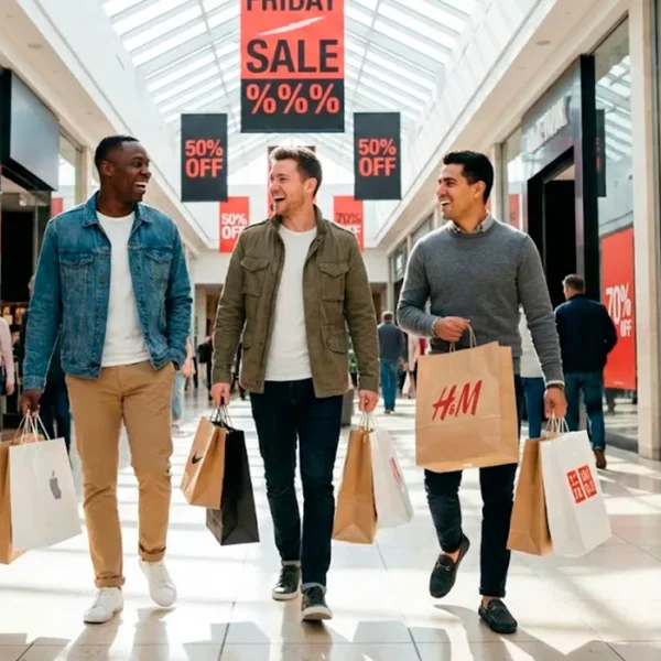 3 men walking shopping mall enjoying black Friday deals