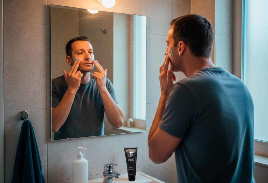 Man standing in front of mirror applying face moisturizer after cleansing