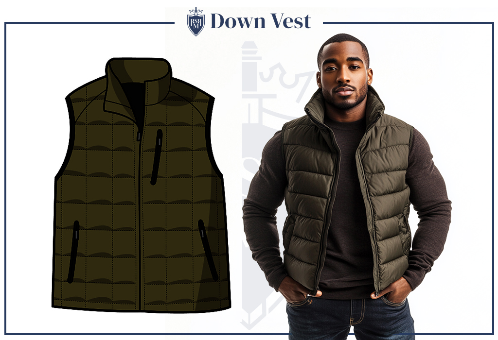 Infographic of a man wearing an olive down vest over a dark sweater — lightweight insulation for everyday winter wear.