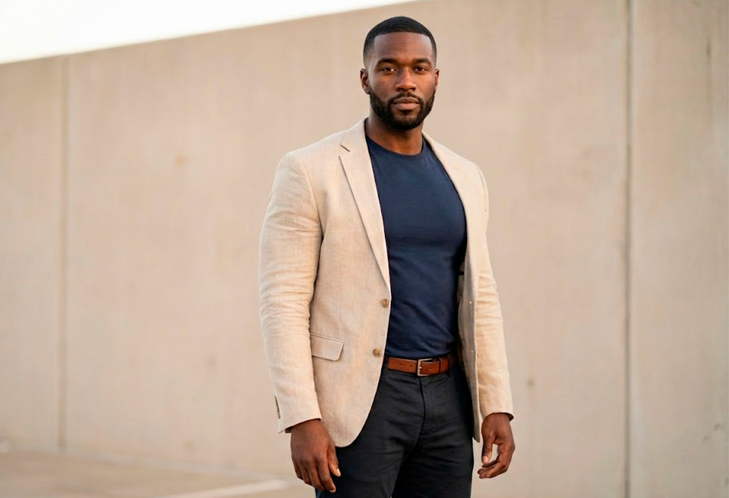 Man with broad chest wearing beige blazer and navy shirt showing perfect proportional fit.