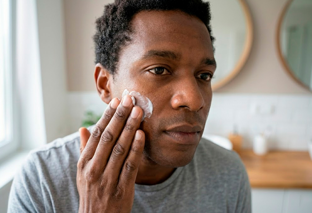 Black man applying face cream to his cheek