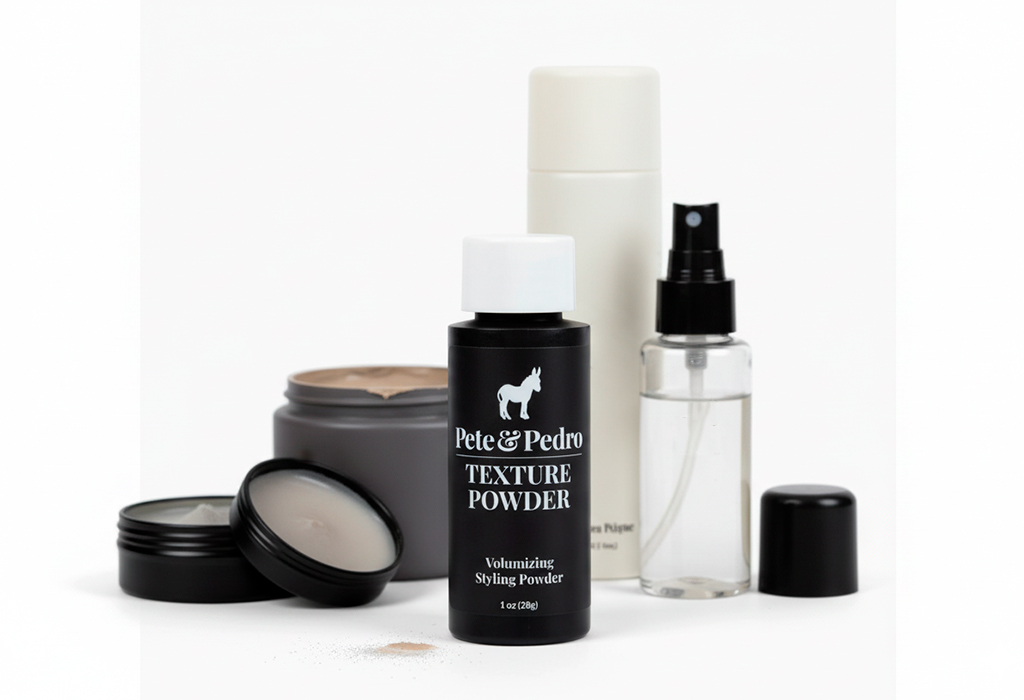 Pete & Pedro Texture Powder surrounded by other hair styling products.