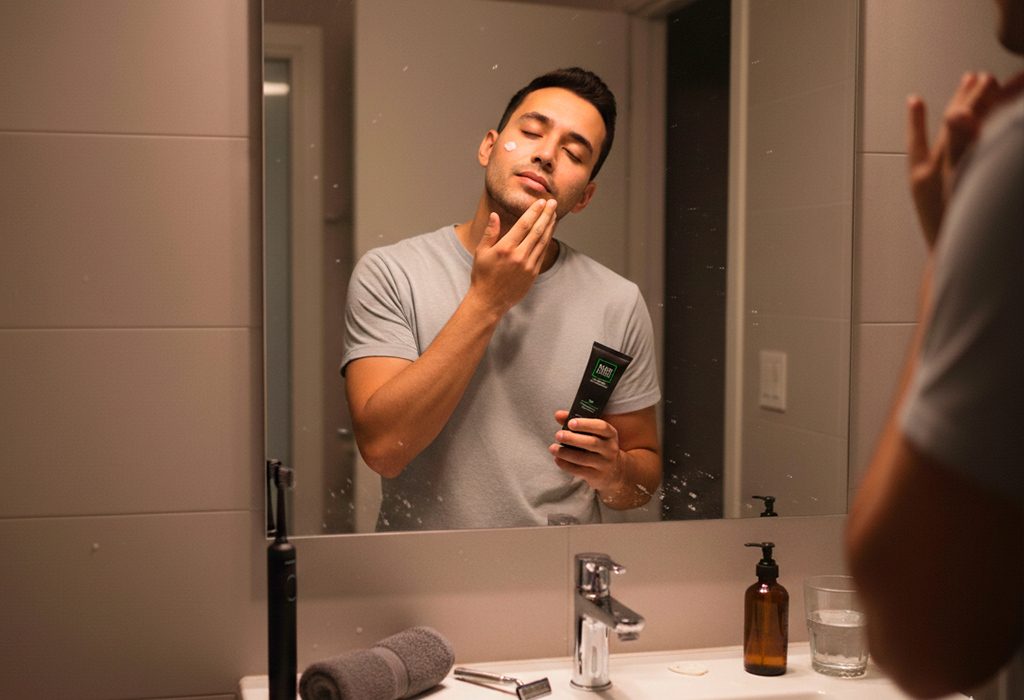 Man applying Tiege Hanley PM Moisturizer at night for skin repair and hydration